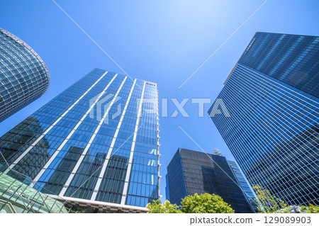 Yokohama cityscape in July. Overlooking the business district in front of Shin-Takashima Station. 129089903