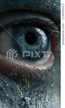 Close up of human eye with digital patterns, blending technology and biology in futuristic style 129089915