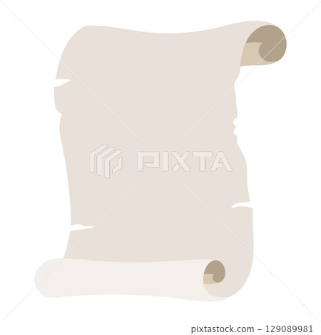 Vector illustration of a curled Parchment Scroll in beige tones. Art of blank fairytale Paper for fantasy childish design, baby shower invitations, or treasure maps. Drawing with space for text. 129089981