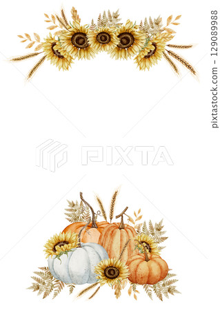 Watercolor card Template with Sunflower bouquet and pumpkins, framed with wheat and leaves. Illustration of autumn Background with fall leaves for harvest festival greeting cards or invitations. 129089988