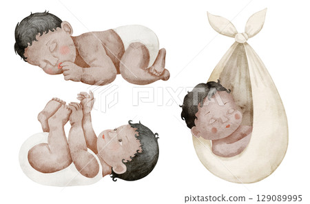 Watercolor illustration of sleeping cute newborn Babies with dark hair. Drawing of Infants for baby shower greeting cards or childish party invitations. Art for nursery design. 129089995