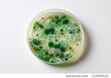Petri dish with bacterial colonies on white background, close-up 129090030
