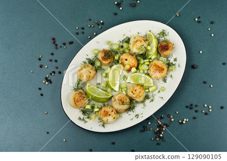 Seared scallops on a plate. 129090105