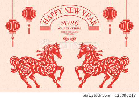 Happy Chinese New Year traditional folk paper-cut art horse and ribbon tag frame 129090218