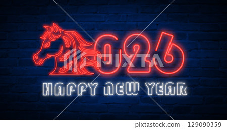Happy Chinese new year of horse red neon light effect outline 129090359