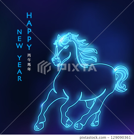 Happy Chinese new year of horse blue neon light effect outline Happy Chinese new year of horse blue neon light effect outline 129090361