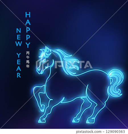 Happy Chinese new year of horse blue neon light effect outline Happy Chinese new year of horse blue neon light effect outline 129090363