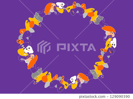 Colorful circle of ghosts, ghosts lined up in a circle, purple background Colorful circle of ghosts, ghosts lined up in a circle, purple background 129090390