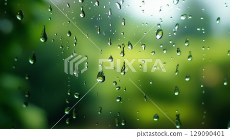 Raindrops on a window glass and blurred green background 129090401