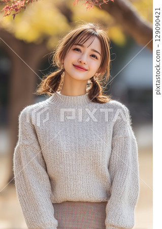 Portrait illustration of a Japanese woman in autumn clothes 129090421