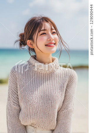 Portrait illustration of a Japanese woman in autumn clothes Portrait illustration of a Japanese woman in autumn clothes 129090444