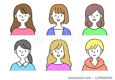 Positive icon set of young women with various hairstyles and fashions 129090480