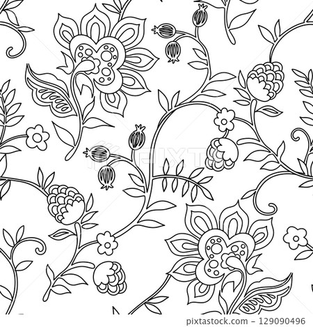Coloring book. Vector seamless pattern with oriental ornaments. 129090496