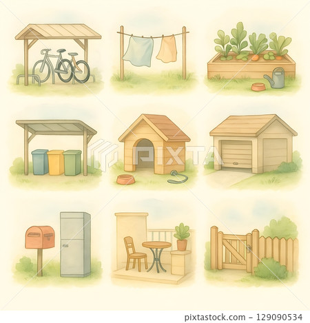 房屋周圍生活設施的插圖集 - 自行車停車區、垃圾處理區、菜園、晾衣架等。 129090534