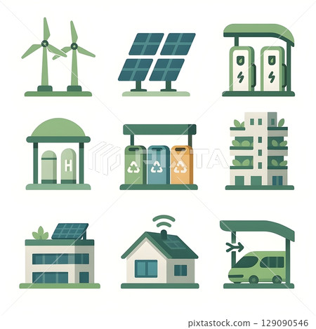 智慧城市與再生能源設施圖標集-平面生態設計 智慧城市與再生能源設施圖標集-平面生態設計 129090546