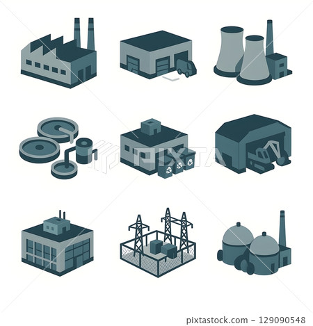 Factory and industrial facilities icon set - flat design of energy, manufacturing and recycling equipment 129090548