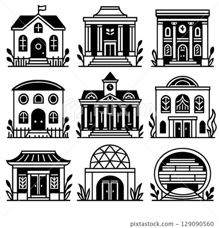 Flat icon set of cultural and educational facilities - black silhouettes of schools, libraries, theaters, etc. 129090560