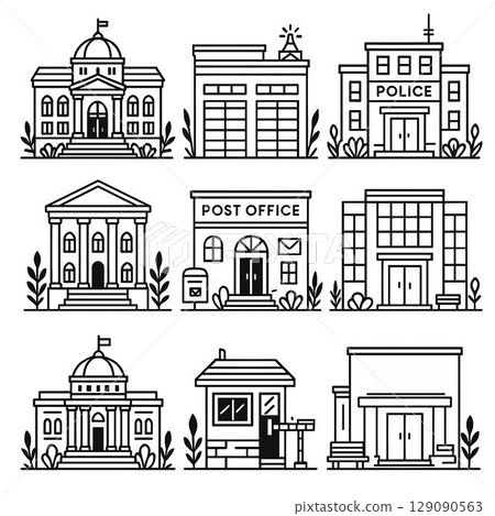 黑色圖示集的政府辦公室和地方基礎設施-警察局、市政廳、郵局等。 129090563