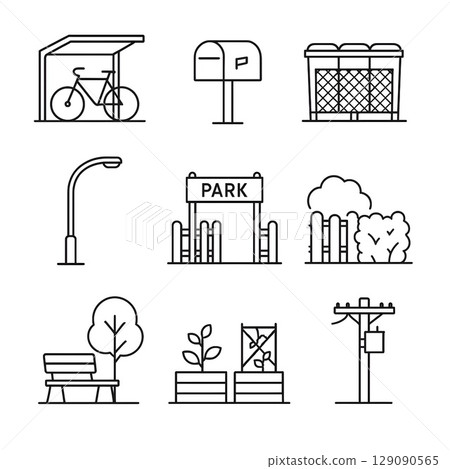 Icon set of facilities around residential areas and parks – benches, plants, mailboxes, telephone poles, etc. 129090565