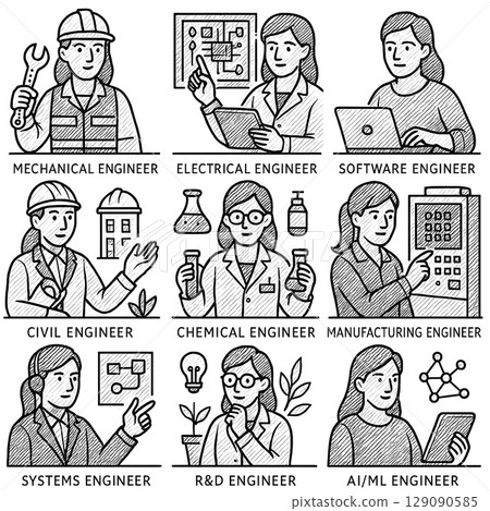Female engineer occupation illustration set (STEM field/technology occupation) 129090585