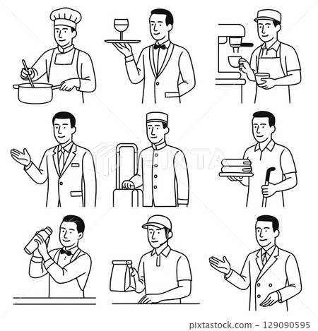 服務業男職員套裝-飯店、餐廳及配送業職業插畫集 服務業男職員套裝-飯店、餐廳及配送業職業插畫集 129090595