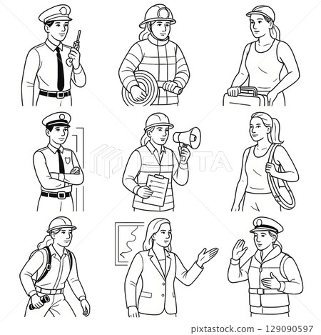 與防災和基礎設施相關的女性職業插圖集——警察、消防員、建築工人、疏散指南等。 129090597