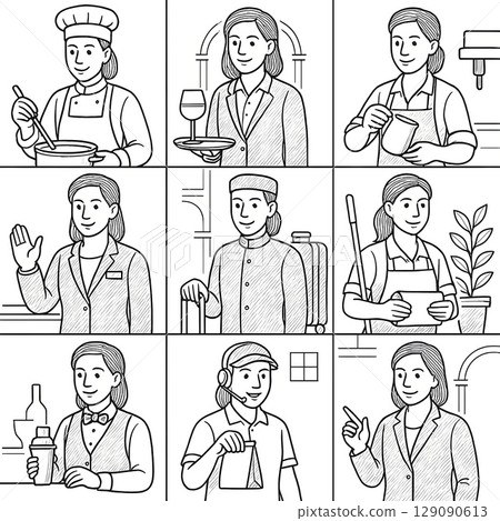 飯店業工作圖示集（女性）|餐廳，清潔，前台等。 129090613