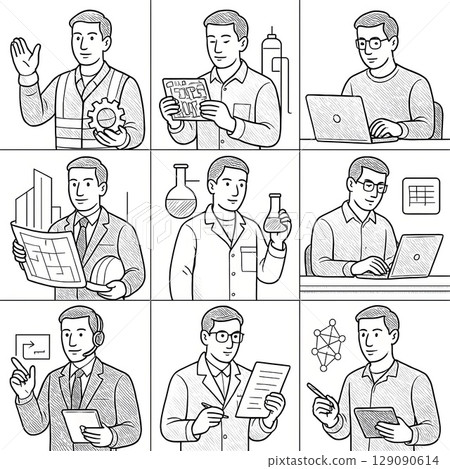研究、開發和工程工作圖標集（男性）| 設計、分析、實驗等。 129090614