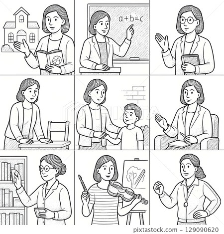 在學校和教育機構工作的女性職業插圖集：教師、輔導員、圖書館員等。 129090620
