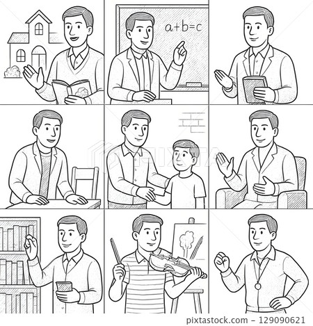 Icon set of male teachers and staff working in the educational field | Teaching, classes, support activities, etc. 129090621