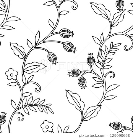 Coloring book. Vector seamless pattern with oriental ornaments. Print with flowers and berries. 129090668