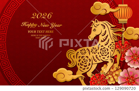 Happy Chinese new year gold relief horse flower lantern cloud and round lattice tracery frame. 129090720