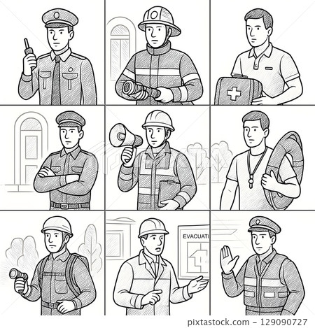 安全和防災職業圖示集（男）|警察，消防員，護理人員等。 129090727