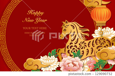 Happy Chinese new year of horse retro gold relief rat peony flower lantern cloud and round lattice tracery frame 129090732