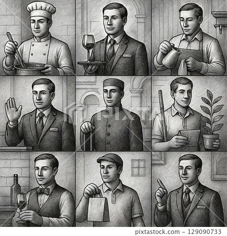 Hotel and restaurant industry job icon set (male) | Front desk, cooking, cleaning, etc. / Etching style 129090733