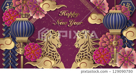 Happy Chinese new year of horse golden purple relief flower lantern cloud and firecrackers 129090780