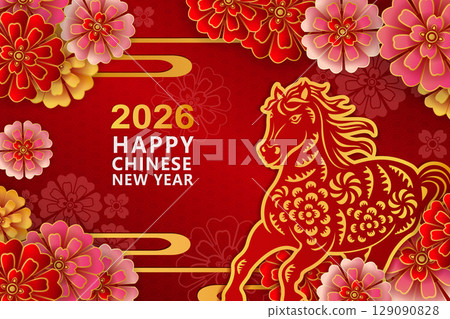 Happy Chinese new year of golden relief horse and round peony flower curve wave Happy Chinese new year of golden relief horse and round peony flower curve wave 129090828