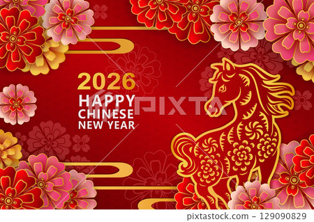 Happy Chinese new year of golden relief horse and round peony flower curve wave Happy Chinese new year of golden relief horse and round peony flower curve wave 129090829