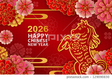 Happy Chinese new year of golden relief horse and round peony flower curve wave Happy Chinese new year of golden relief horse and round peony flower curve wave 129090830