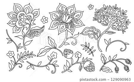 Coloring book. Set with elements of oriental ornament. Vector floral patterns. 129090963