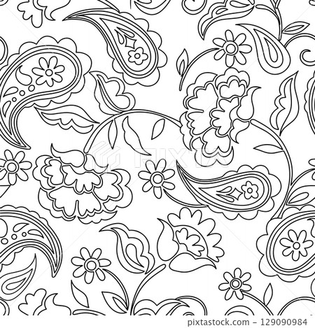 Coloring book. Seamless pattern with vector floral ornaments. Oriental print. Paisley pattern. 129090984