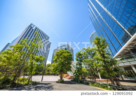 Yokohama cityscape in July. Overlooking the business district in front of Shin-Takashima Station. 129091092