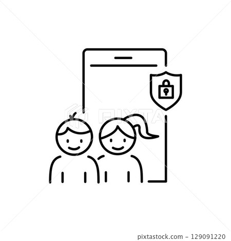 Children control in social, kid safety icon, cyber disorder protection, internet addiction problem, phone access for child, thin line symbol isolated on white background, editable stroke 129091220