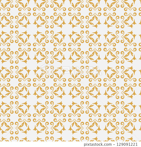 Golden abstract floral seamless pattern. Vector gold and white background. Simple geometric leaf ornament. Delicate luxury graphic vector texture.  129091221