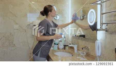 Young chambermaid cleaning mirror in hotel bathroom. Cleaning service concept. Young chambermaid cleaning mirror in hotel bathroom. Cleaning service concept. 129091561