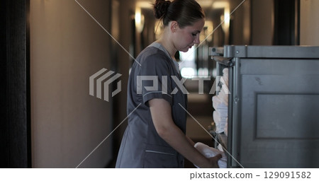 Young housekeeper woman rolling trolley in corridor of modern hotel, cleaning service in hospitality. Daily cleaning. Cleaning service in hotel rooms, hotel business. 129091582