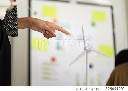 Sustainability Focus: Professional pointing at wind turbine model in meeting 129091601