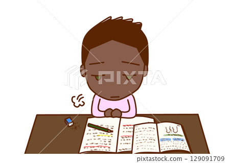 (Front view of upper body) An African-American boy who has lost motivation to study and is sighing and daydreaming 129091709