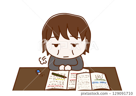 (Front view of upper body) A fat woman who has lost motivation to study and is sighing and daydreaming 129091710