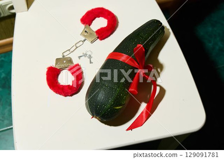 A playful zucchini adorned with handcuffs and a decorative ribbon for added flair 129091781